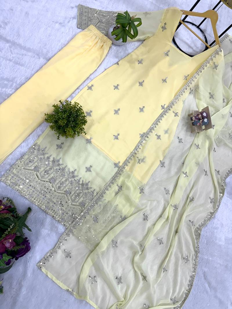 Embroidered Faux Georgette Straight Kurta Pant and Dupatta Set