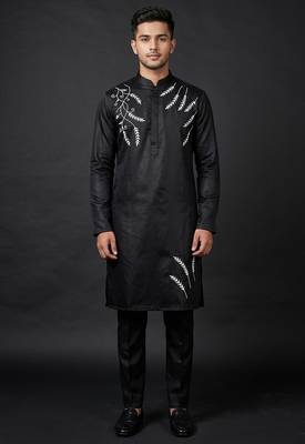Black silk kurta set for men's 1