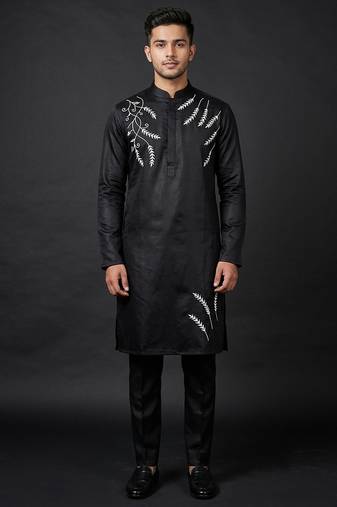 Black silk kurta set for men's