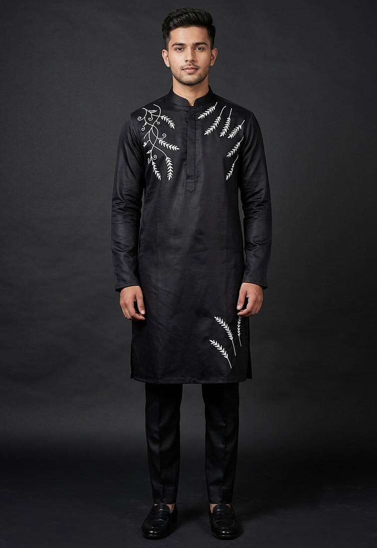 Black silk kurta set for men's