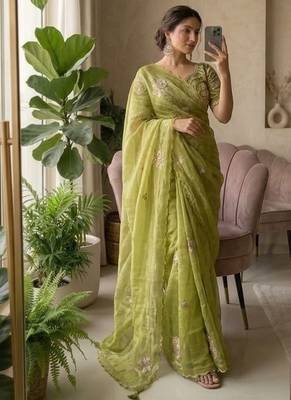 Olive Color beads and sequence work sartin saree 1
