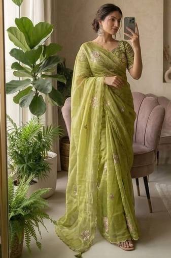 Olive beads and sequin work sartin saree