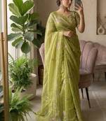 Olive Color beads and sequence work sartin saree