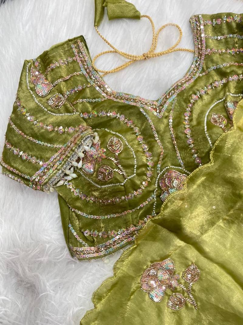 Olive Color beads and sequence work sartin saree