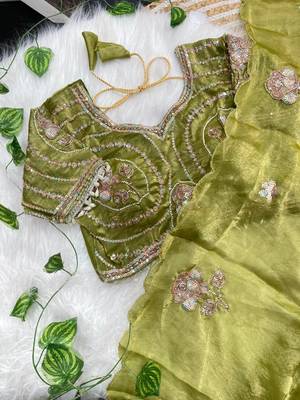 Olive Color beads and sequence work sartin saree 4
