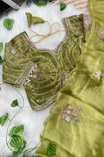 Olive Color beads and sequence work sartin saree
