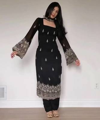Embroidered Faux Georgette Straight Kurta Pant and Dupatta Set 1