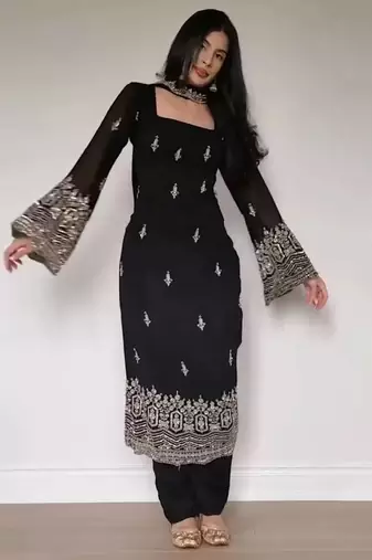 Embroidered Faux Georgette Straight Kurta Pant and Dupatta Set