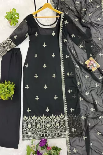 Embroidered Faux Georgette Straight Kurta Pant and Dupatta Set