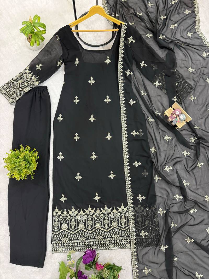 Embroidered Faux Georgette Straight Kurta Pant and Dupatta Set