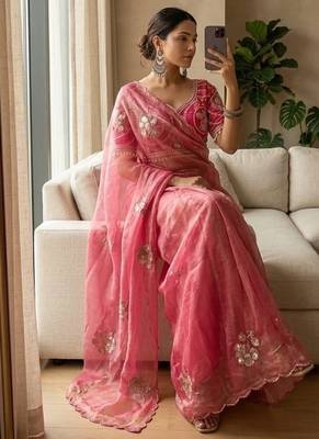 Pink Color beads and sequence work sartin saree 1