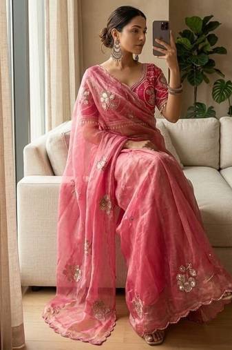 Pink Color beads and sequence work sartin saree