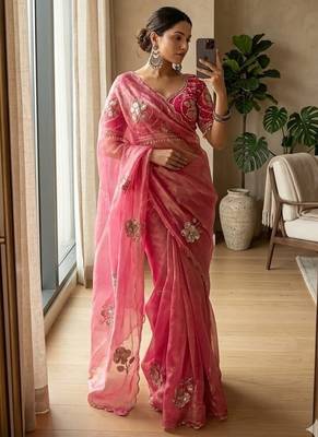 Pink Color beads and sequence work sartin saree 2