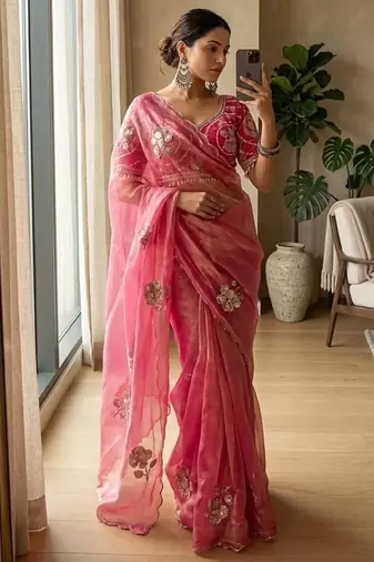 Pink Color beads and sequence work sartin saree