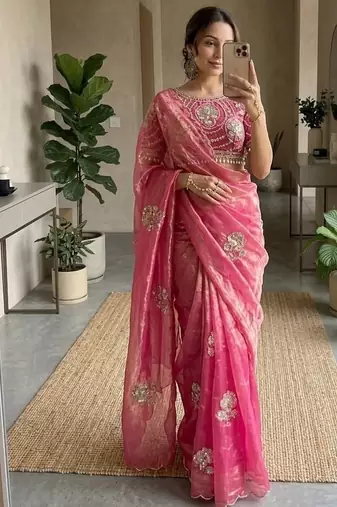 Pink Color beads and sequence work sartin saree