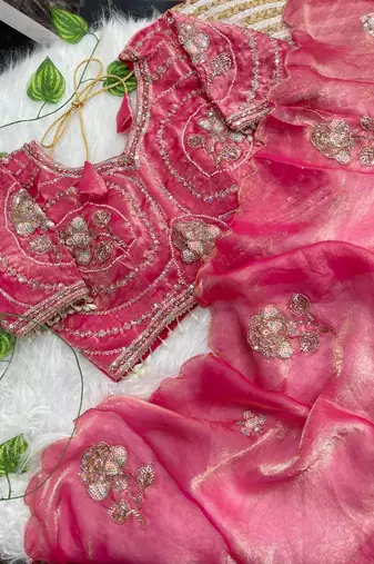 Pink Color beads and sequence work sartin saree