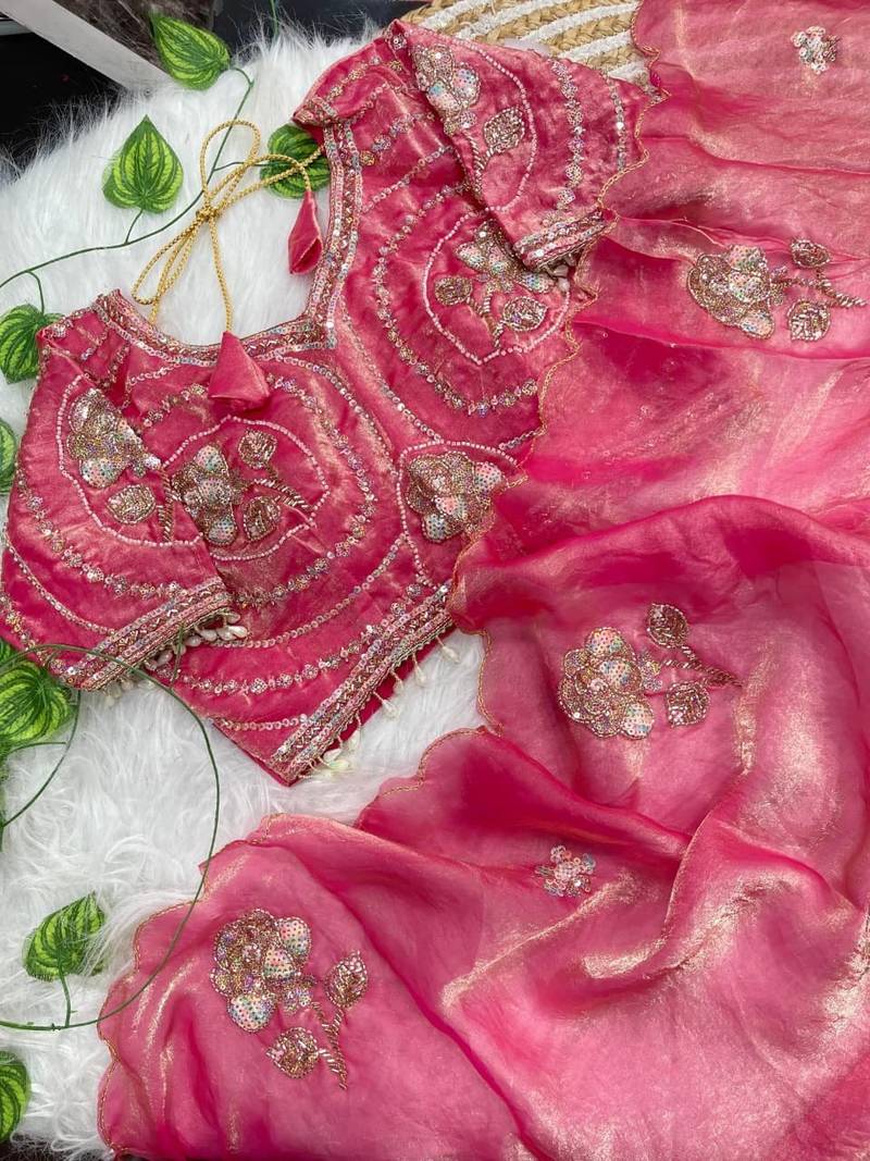 Pink Color beads and sequence work sartin saree