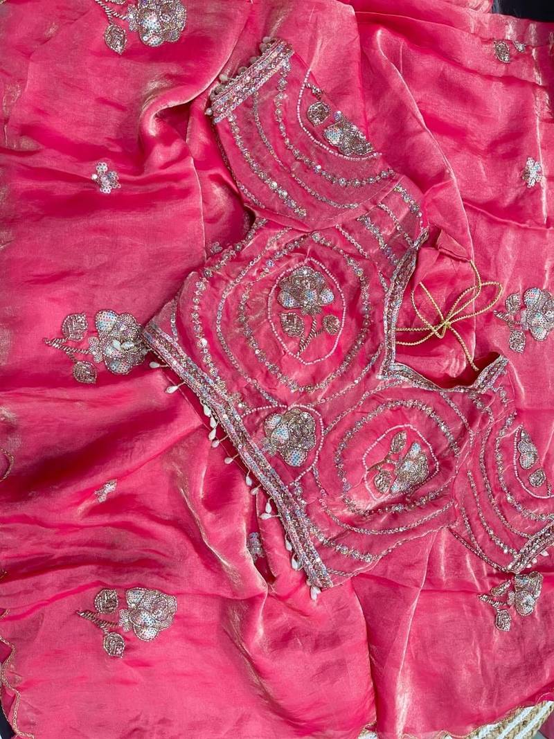 Pink Color beads and sequence work sartin saree