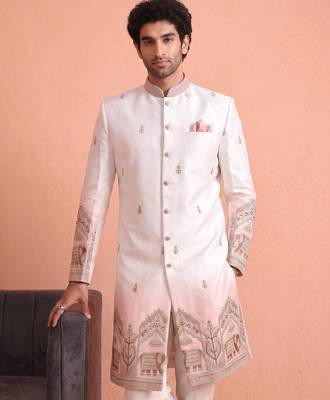 Men multicolor embroidered satin indo western for men 5