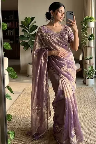 Purple Color beads and sequence work sartin saree