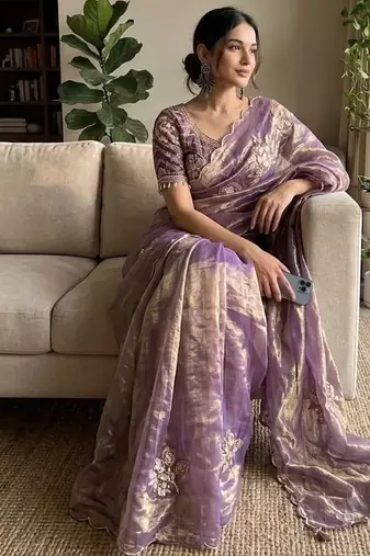 Purple Color beads and sequence work sartin saree