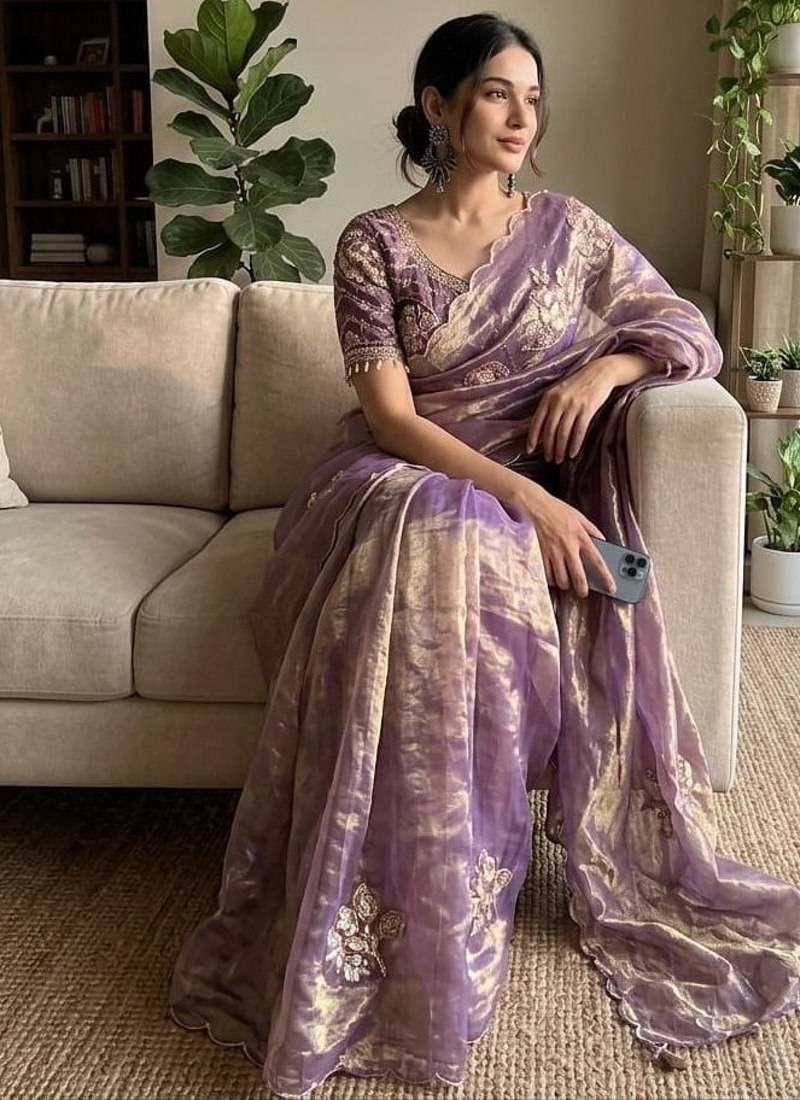 Purple Color beads and sequence work sartin saree