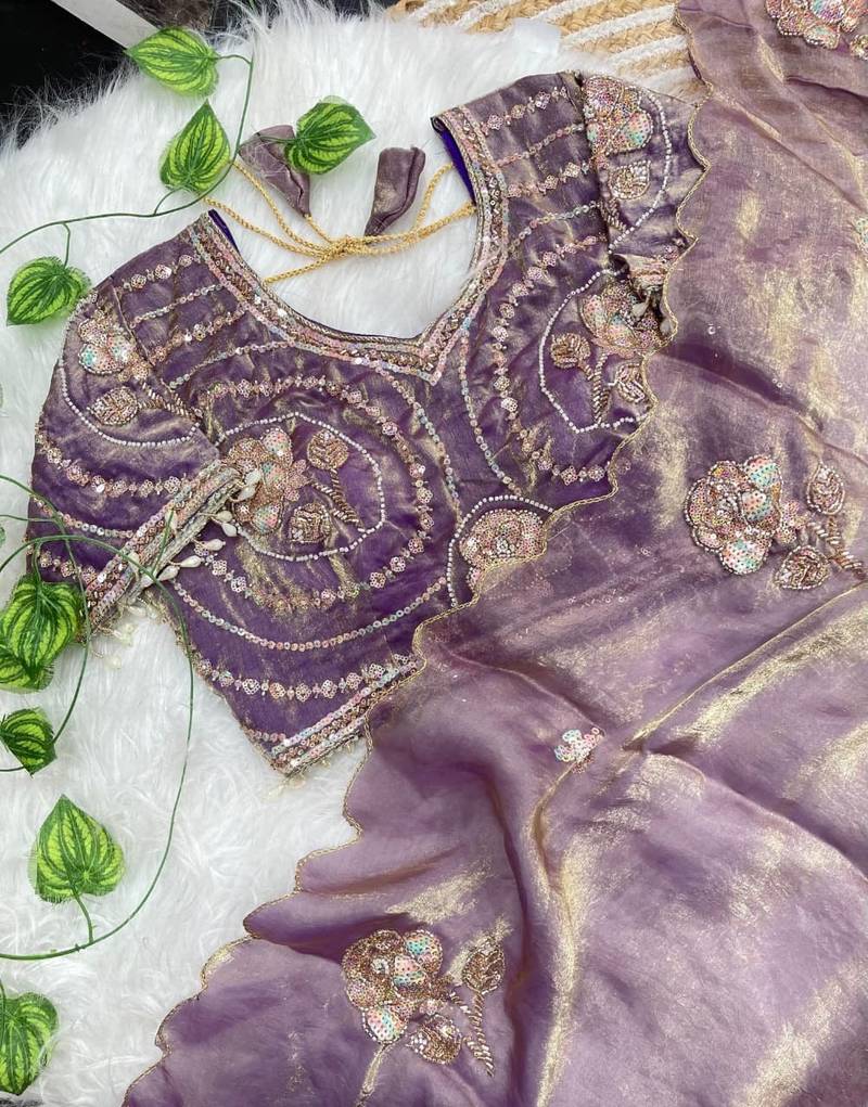 Purple Color beads and sequence work sartin saree