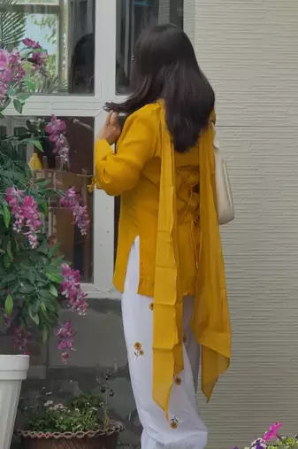 Women's mustard yellow kurta farshi salwar set with dupatta
