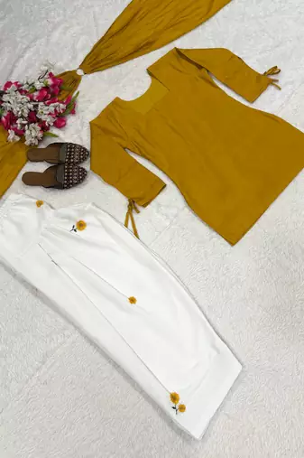 Women's mustard yellow kurta farshi salwar set with dupatta