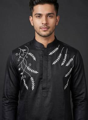 Black silk kurta set for men's 3