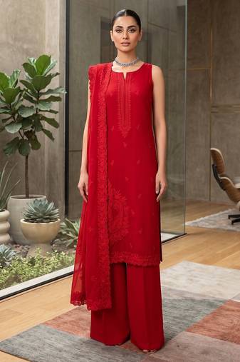 Women's red embroidered straight kurta palazzo set with dupatta