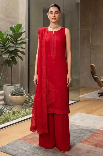 Women's red embroidered straight kurta palazzo set with dupatta