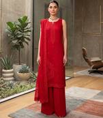 Women's red embroidered straight kurta palazzo set with dupatta