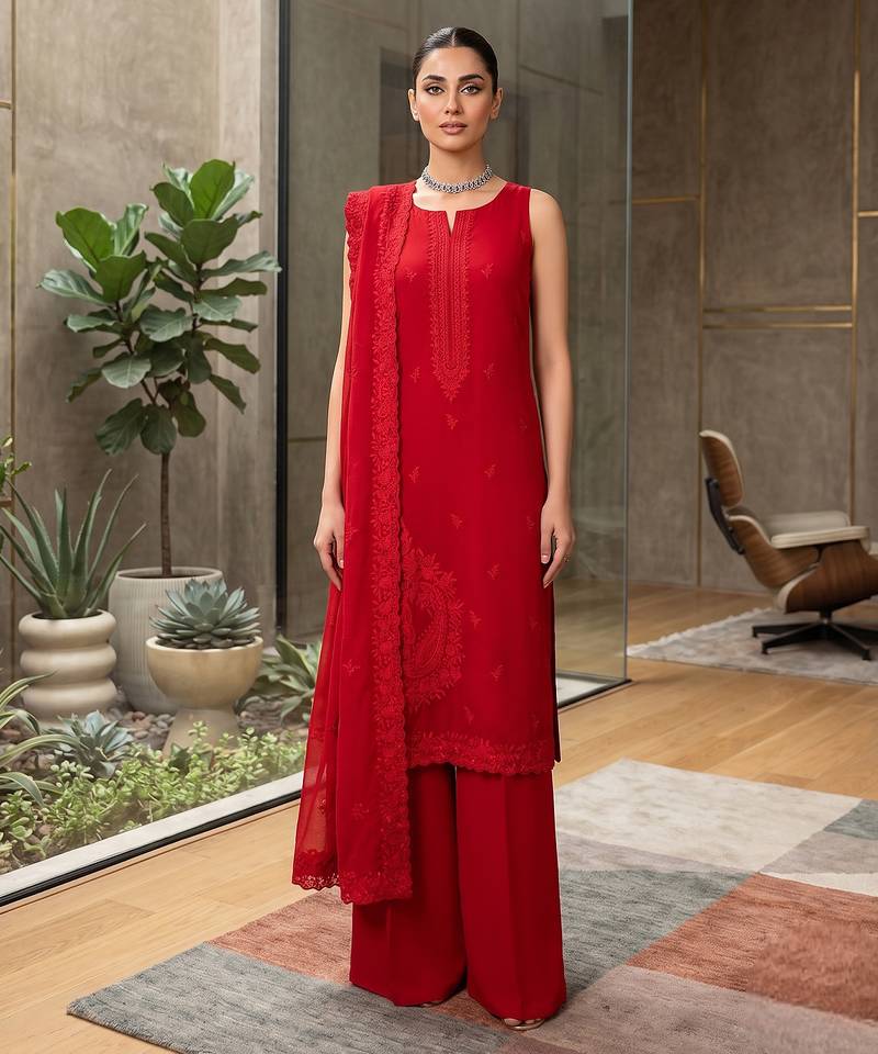 Women's red embroidered straight kurta palazzo set with dupatta