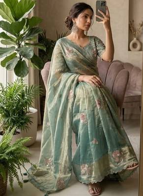 Teal Color beads and sequence work sartin saree 1