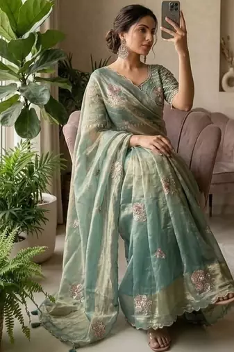 Teal Color beads and sequence work sartin saree