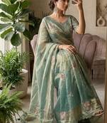 Teal Color beads and sequence work sartin saree