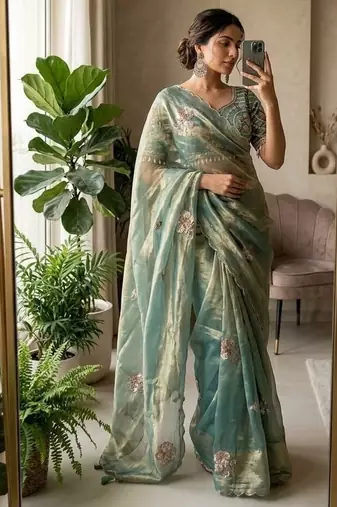 Teal Color beads and sequence work sartin saree