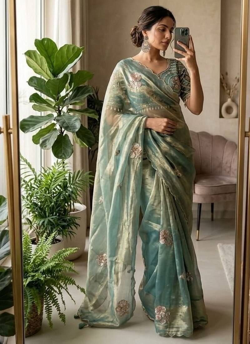 Teal Color beads and sequence work sartin saree