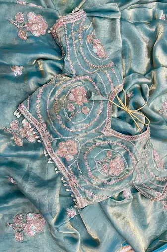 Teal Color beads and sequence work sartin saree
