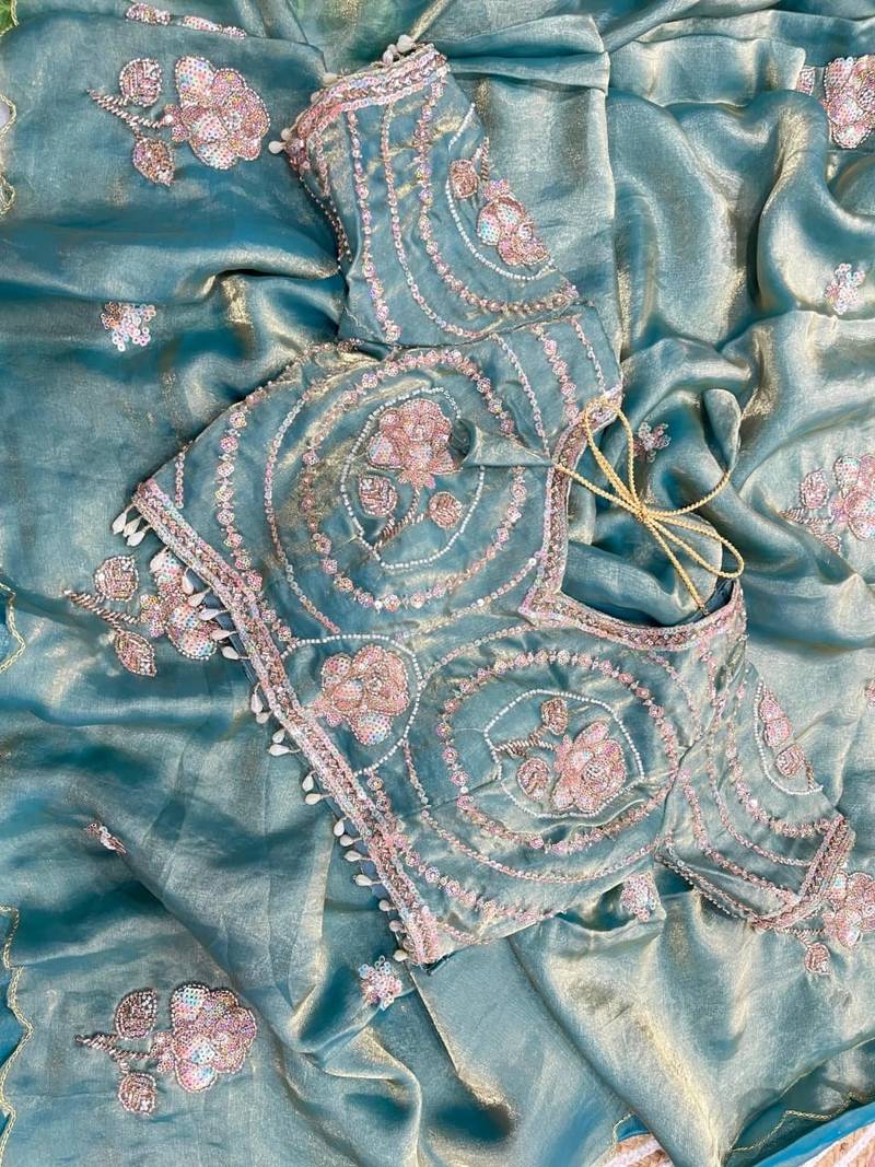 Teal Color beads and sequence work sartin saree
