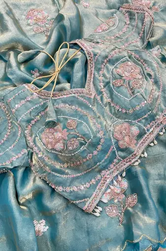 Teal Color beads and sequence work sartin saree