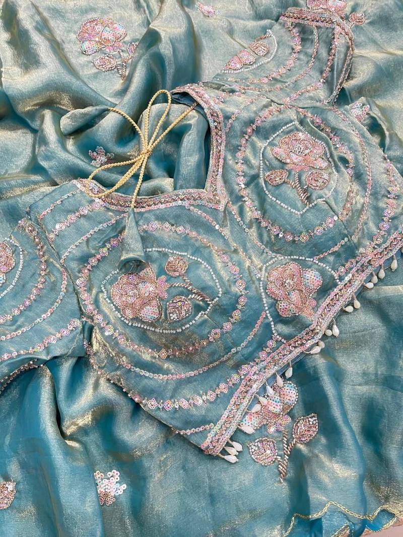 Teal Color beads and sequence work sartin saree