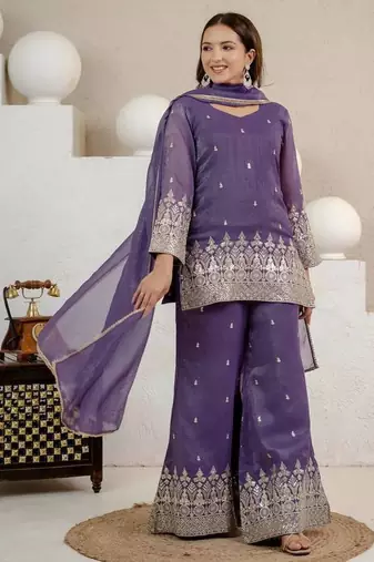 Women's lavender embroidered kurta palazzo set with dupatta