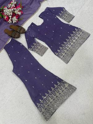 Women's lavender embroidered kurta palazzo set with dupatta 5