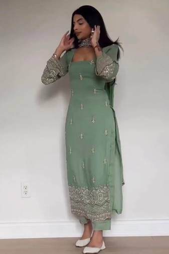 Embroidered Faux Georgette Straight Kurta Pant and Dupatta Set