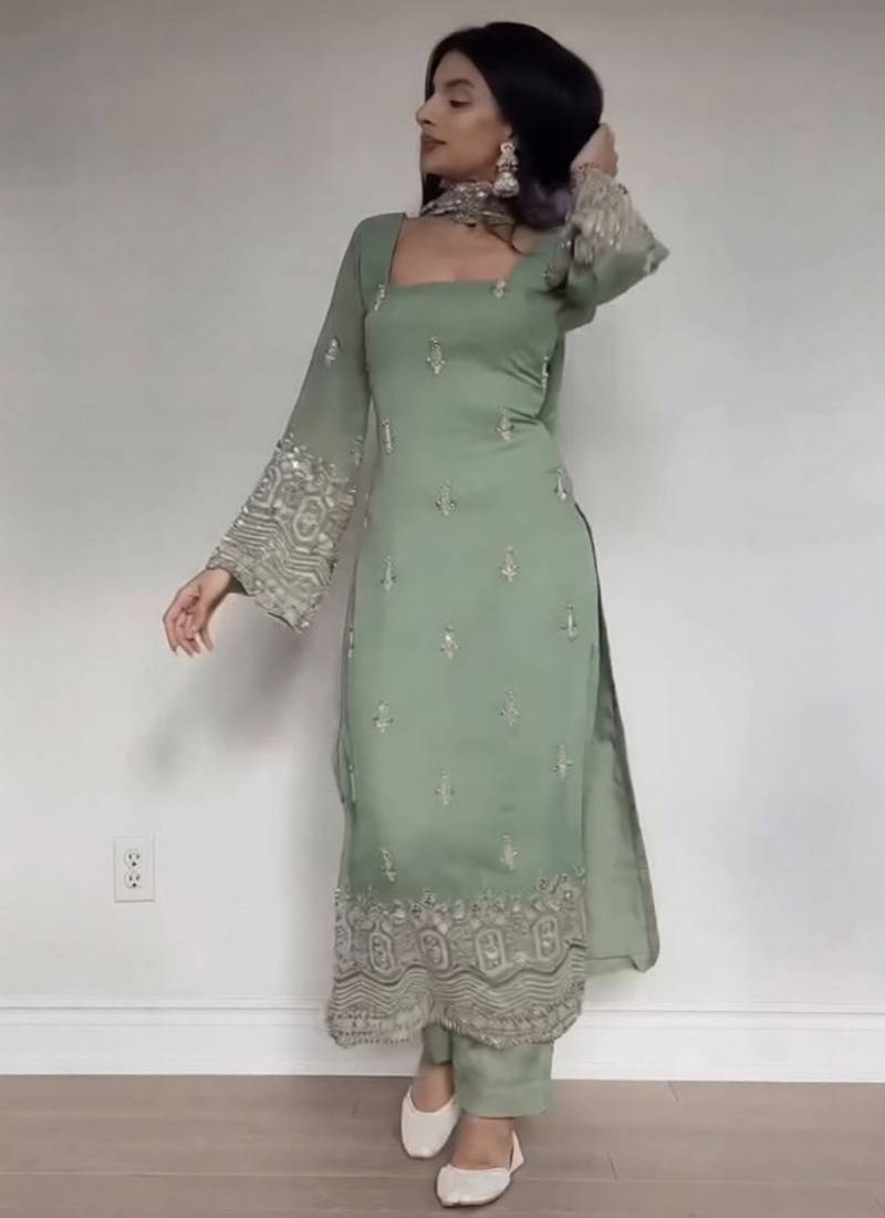 Embroidered Faux Georgette Straight Kurta Pant and Dupatta Set