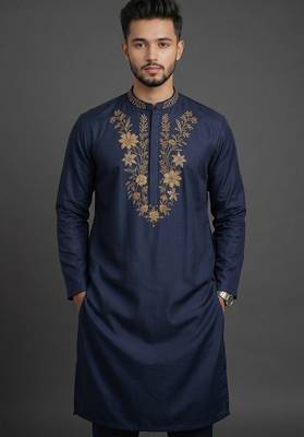 Navy blue silk kurta set for men's 1