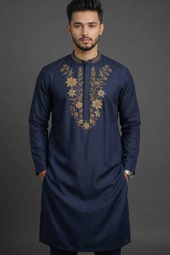 Navy blue silk kurta set for men's