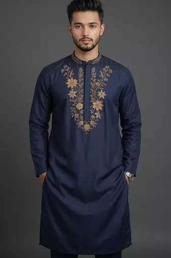 Navy blue silk kurta set for men's
